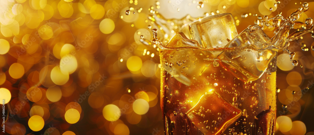 A glass of soda with ice cubes splashing into it, set against a background of shimmering golden lights, capturing the excitement of a refreshing drink. A glass of soda with ice cubes splashing into it, set against a background of shimmering golden lights, capturing the excitement of a refreshing drink.