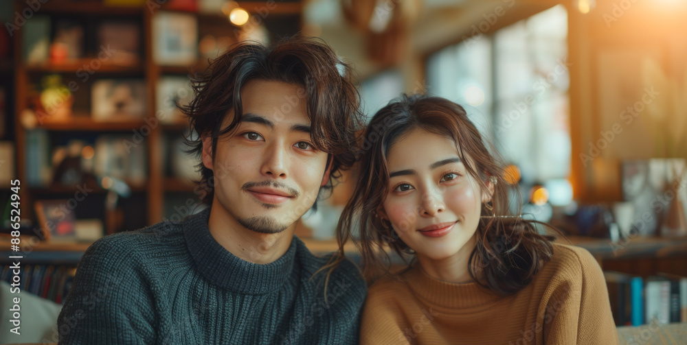 A young man and woman smile at the camera while sitting in a cafe. A young man and woman smile at the camera while sitting in a cafe.