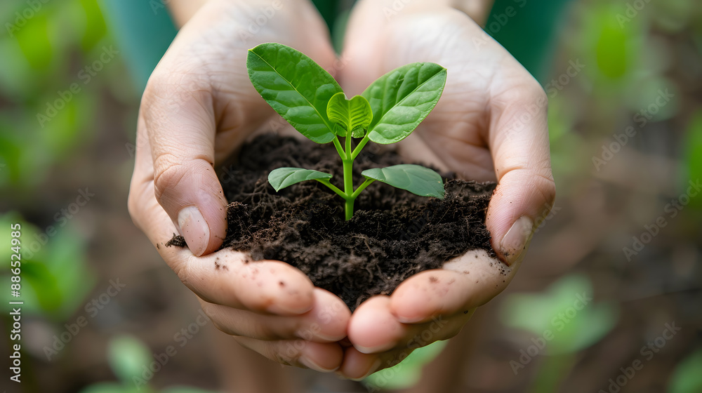 Human palms hold soil with a green small plant as a concept for business development. AI Generated Human palms hold soil with a green small plant as a concept for business development. AI Generated