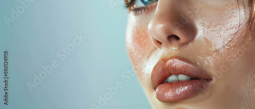 A high-resolution close-up of a woman's face, capturing her flawless skin with tiny droplets of water, rosy cheeks, full lips, and a serene expression.