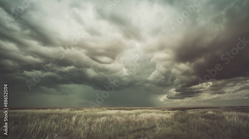 Impressive view of a gloomy sky over an empty grassy field with storm clouds gathering in the distance, creating a dramatic atmosphere photo