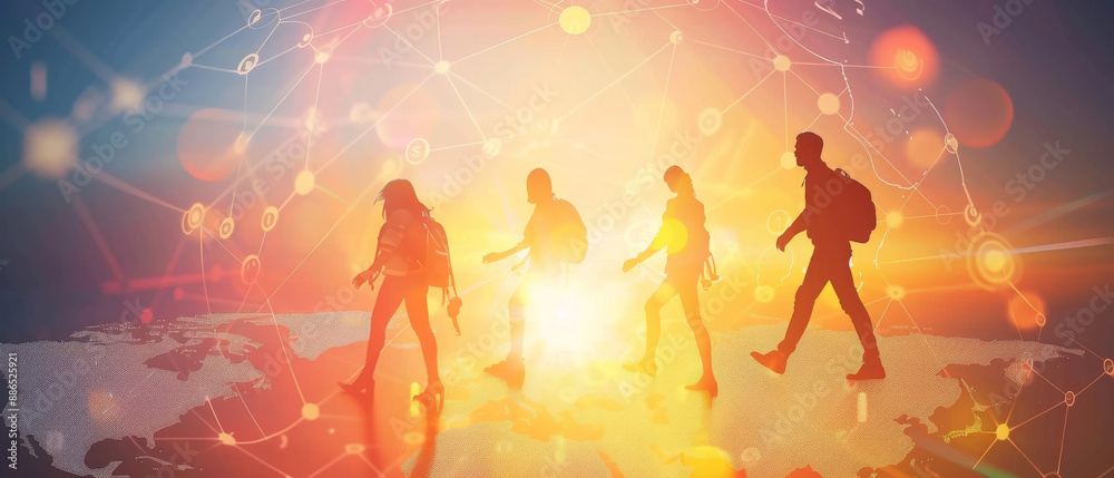 Fototapeta premium Silhouettes of students walking across the globe under a vibrant orange sky, representing global education and interconnected learning.