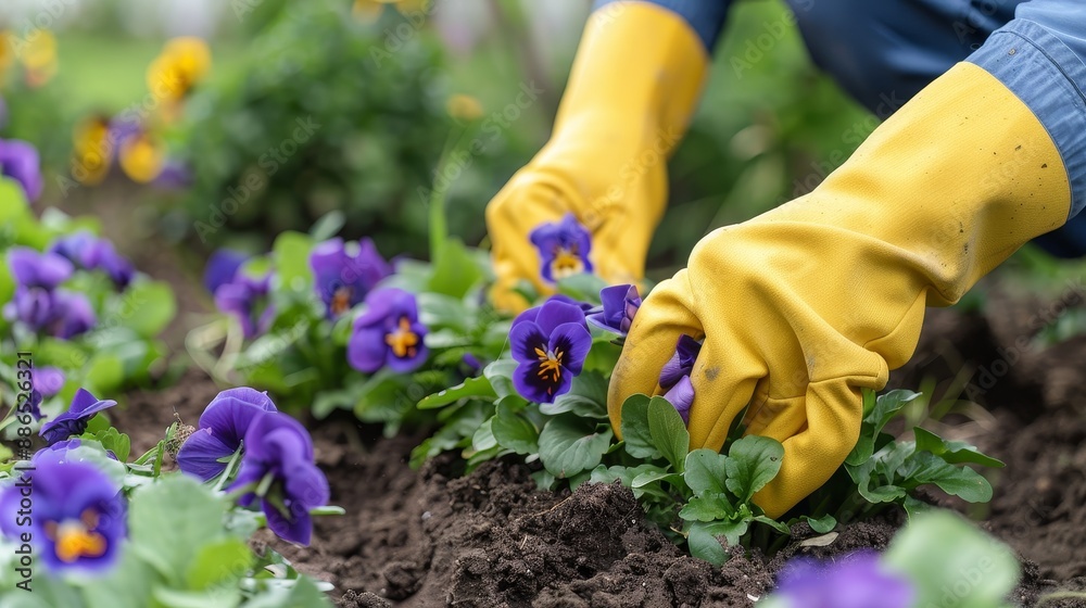 In a flower bed of a garden, a gardener planting spring pansies with yellow gloves