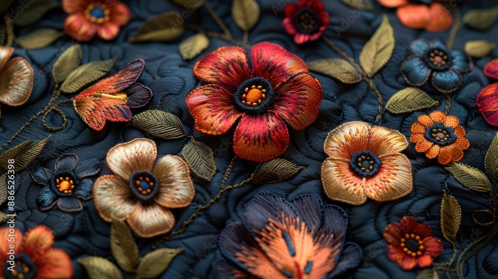 Embroidered Floral Pattern on Dark Fabric Embroidered Floral Pattern on Dark Fabric