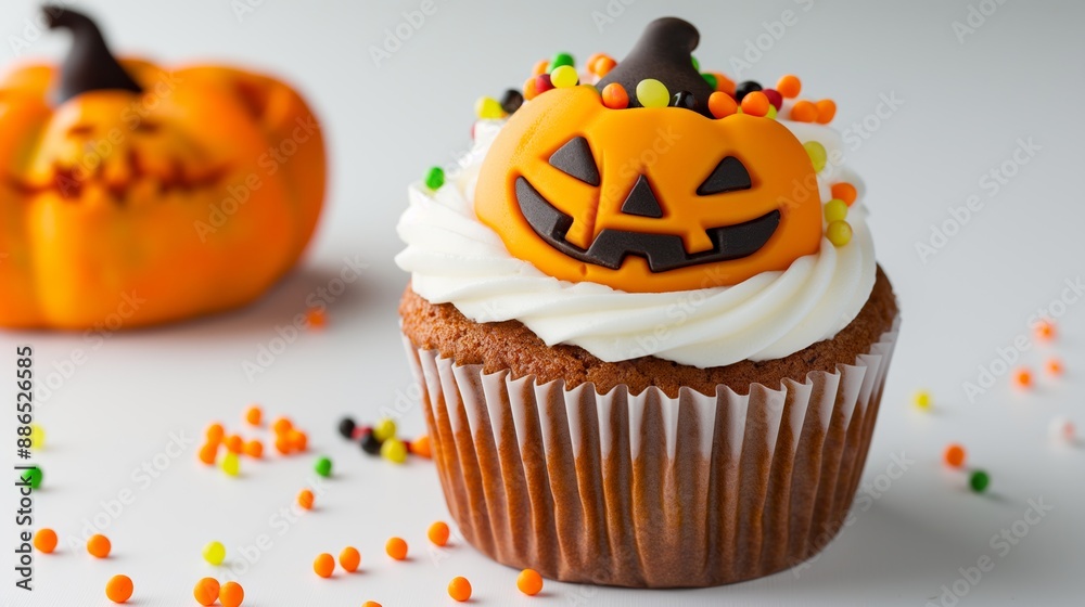 A pumpkin shaped cupcake with a pumpkin face on top. The cupcake is covered in frosting and has a lot of candy on it A pumpkin shaped cupcake with a pumpkin face on top. The cupcake is covered in frosting and has a lot of candy on it