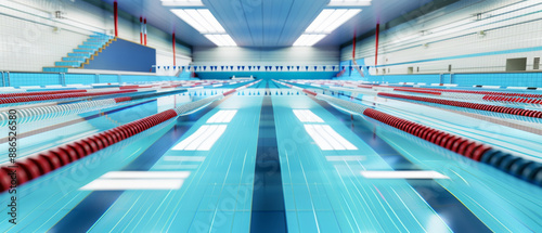 An indoor swimming pool with clear blue water, red lane dividers, and modern facilities, showcasing a pristine and inviting athletic space. photo