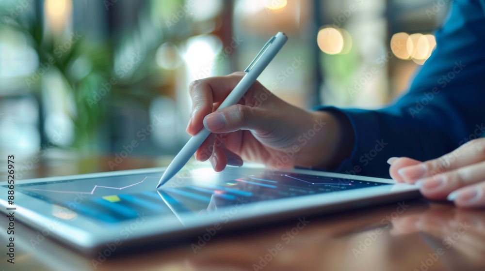 A hand holding a pen, pointing at a line graph on a digital tablet during a business presentation. A hand holding a pen, pointing at a line graph on a digital tablet during a business presentation.