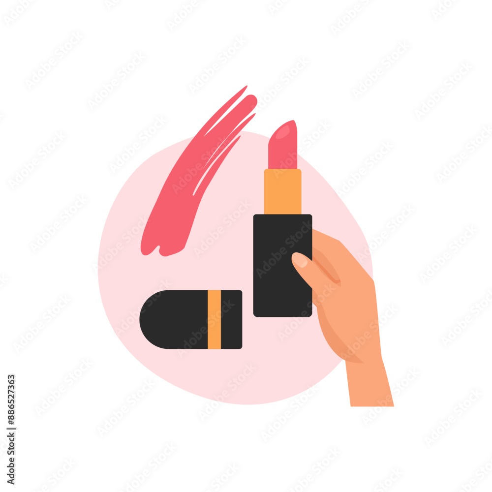 Hand holding black tube with red lipstick stick to make smear example for makeup vector illustration Hand holding black tube with red lipstick stick to make smear example for makeup vector illustration