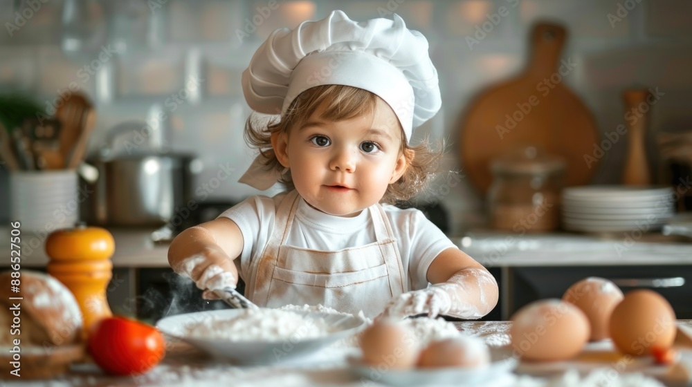a Child wearing aprons and chef hats, cooking in a kitchen Child mixing ingredients in a Child wearing aprons and chef hats, cooking in a kitchen Child mixing ingredients in