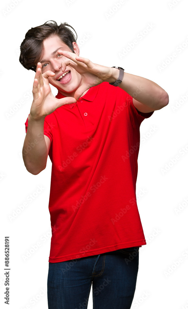 Young handsome man wearing red t-shirt over isolated background smiling in love showing heart symbol and shape with hands. Romantic concept. Young handsome man wearing red t-shirt over isolated background smiling in love showing heart symbol and shape with hands. Romantic concept.