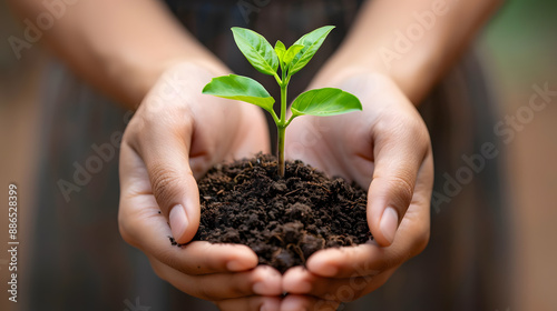 Human palms hold soil with a green small plant as a concept for business development. AI Generated