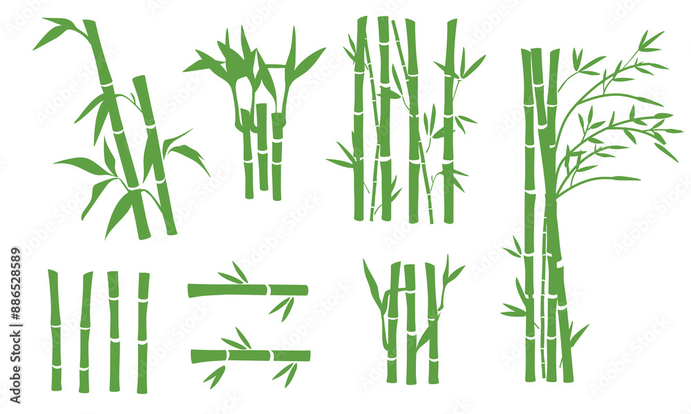 Fototapeta premium Bamboo leaves silhouette collection. Bamboo plant vector illustration. Bamboo element design. Bamboo branches, stems and leaves
