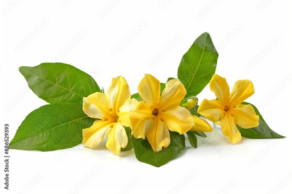 Flat lay postcard style arrangement of yellow flowers and yellow ylang ylang Flat lay postcard style arrangement of yellow flowers and yellow ylang ylang