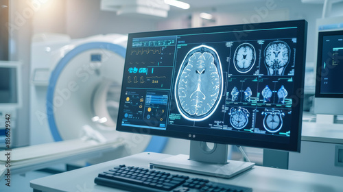 A computer screen displays detailed brain scan images in a high-tech medical examination room equipped with advanced MRI machinery. © VK Studio