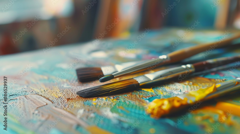 A collection of paintbrushes resting on a vibrant, textured canvas, capturing the essence of artistic creativity and the beauty of painting. A collection of paintbrushes resting on a vibrant, textured canvas, capturing the essence of artistic creativity and the beauty of painting.