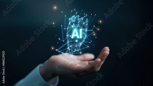 Hand holding AI digital hologram, representing artificial intelligence technology and innovation in a futuristic virtual environment.