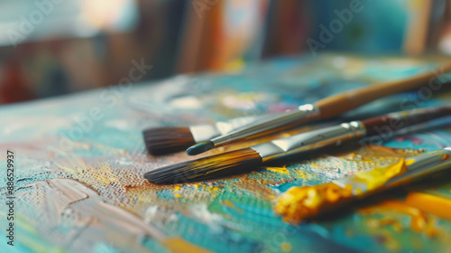 A collection of paintbrushes resting on a vibrant, textured canvas, capturing the essence of artistic creativity and the beauty of painting.