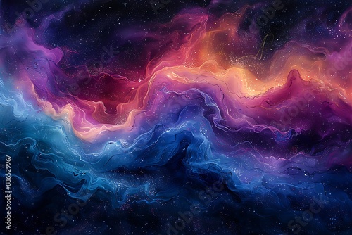 An abstract with swirling brushstrokes that resemble a nebula or cosmic cloud. The colors are deep blues, purples, and pinks, creating a sense of mystery and vastness.