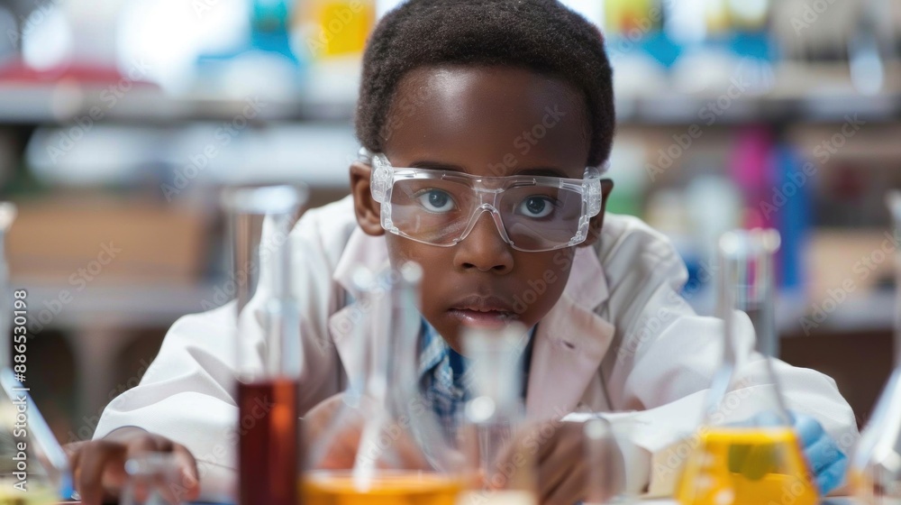 Black child participating in a school science fair Black child participating in a school science fair