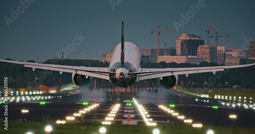 Majestic Airplane Landing at Dusk on Illuminated Runway