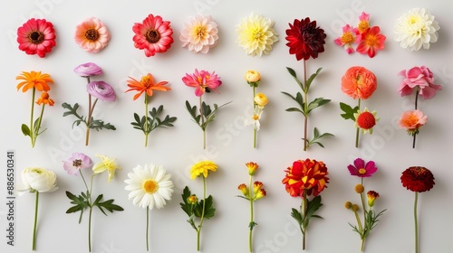 The top view shows a variety of beautiful flowers against a white background