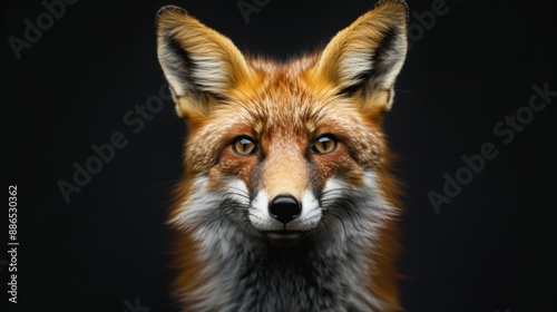 Close-up portrait of a red fox with intense gaze, detailed fur and whiskers, dark background, focused and captivating expression, horizontal image, wildlife scene, defocus