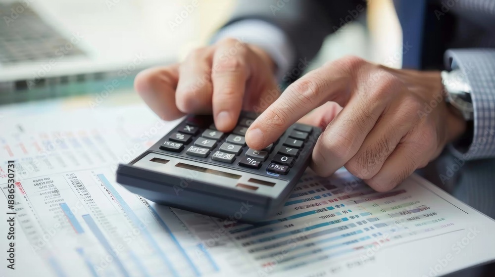 A businessman using a handheld calculator to tally up expenses and profits on a ledger A businessman using a handheld calculator to tally up expenses and profits on a ledger