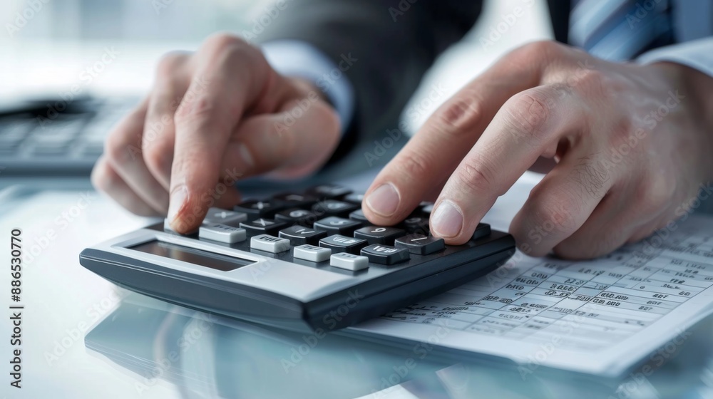 A businessman using a handheld calculator to tally up expenses and profits on a ledger A businessman using a handheld calculator to tally up expenses and profits on a ledger