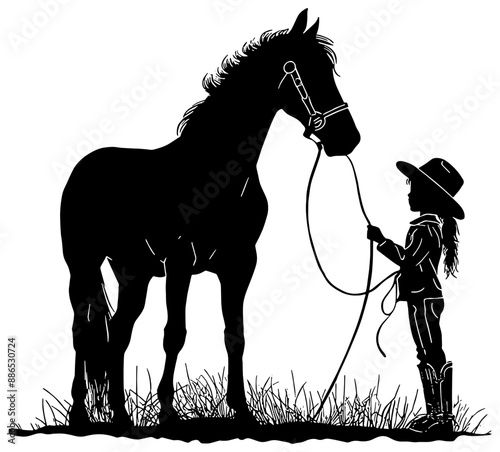 Silhouette of a young girl with her horse, isolated 