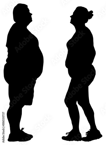 Silhouette of an obese man and obese woman, isolated 
