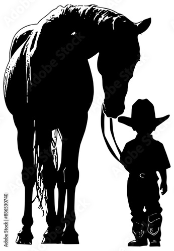 Silhouette of little boy wearing cowboy hat and boots walking with his horse, isolated  