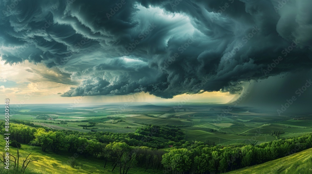 A panoramic view of storm clouds approaching over a serene countryside landscape. A panoramic view of storm clouds approaching over a serene countryside landscape.