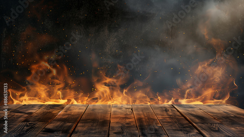 Blank wooden table with fire burning at the edge of the table, fire sparks and smoke with flames on a dark background to display products