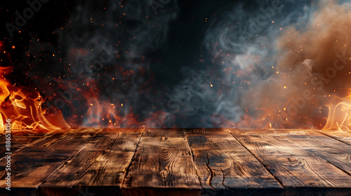 Blank wooden table with fire burning at the edge of the table, fire sparks and smoke with flames on a dark background to display products