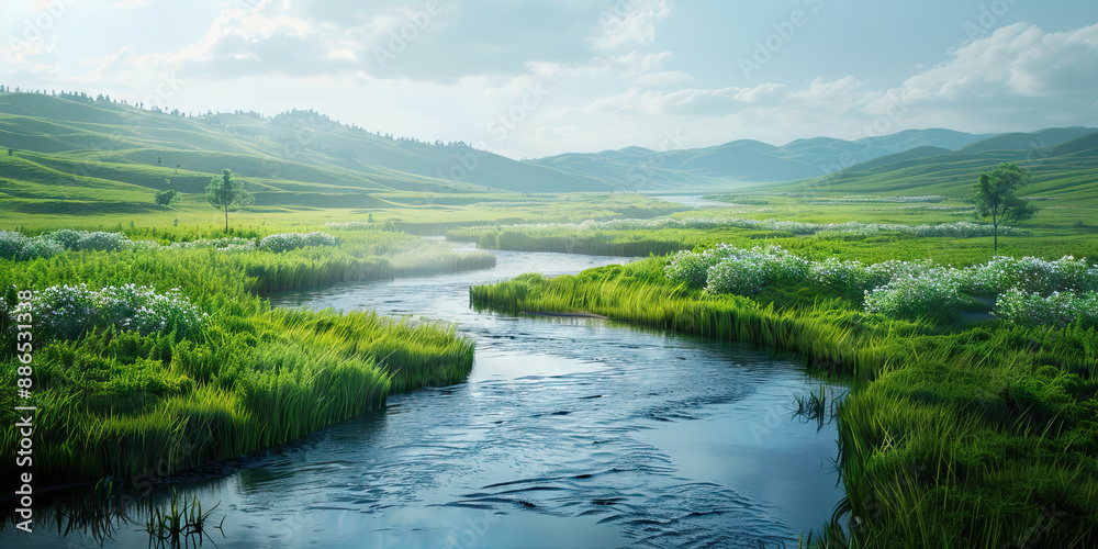 Clean Currents: A flowing river, gently meandering through a grassy meadow. Clean Currents: A flowing river, gently meandering through a grassy meadow.