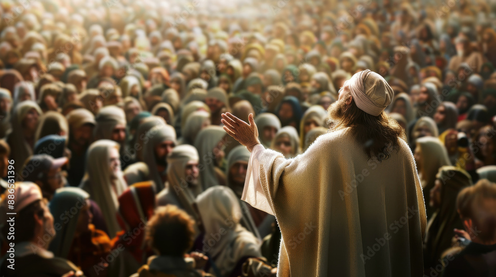 Obraz premium A wise figure stands before a vast crowd, captivating everyone with a powerful gesture, bathed in soft golden light.