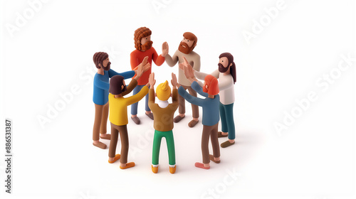 clay animation, Isometric view, group giving high five to eachothe