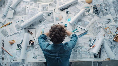 A man is sitting at a desk with a pile of papers and drawings. He is working on a project or a drawing, and the papers and drawings around him suggest that he is in the process of creating something