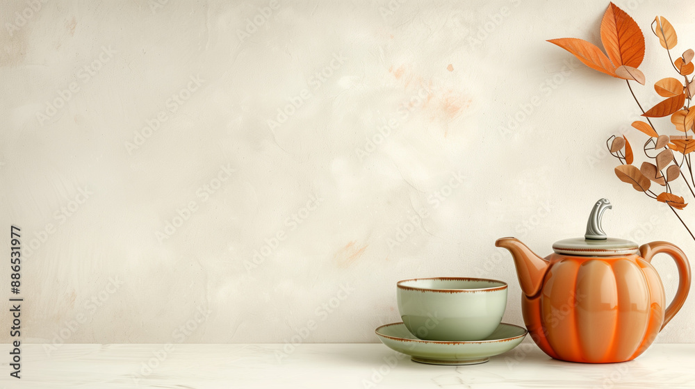Minimalist Autumn Tea Setting with Orange Teapot and Green Cups
Minimalist Autumn Tea Setting with Orange Teapot and Green Cups