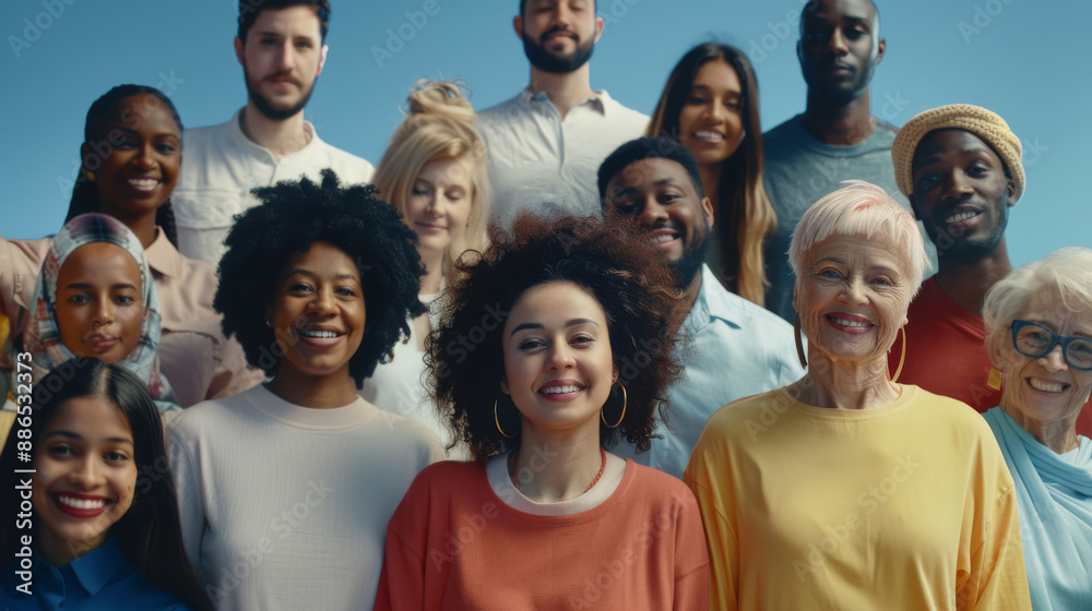 A diverse group of happy people standing together against a blue sky, representing unity and joy. A diverse group of happy people standing together against a blue sky, representing unity and joy.