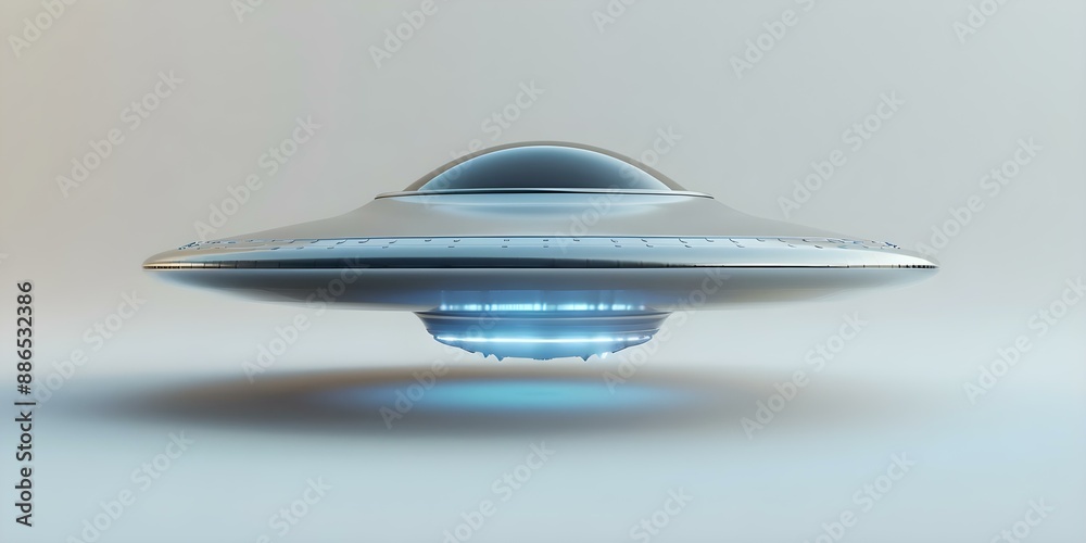 UFO Flying Saucer Spaceship on White Background with Space for Text. Concept Alien Encounters, UFO Technology, Extraterrestrial Visitors, Unidentified Flying Objects UFO Flying Saucer Spaceship on White Background with Space for Text. Concept Alien Encounters, UFO Technology, Extraterrestrial Visitors, Unidentified Flying Objects
