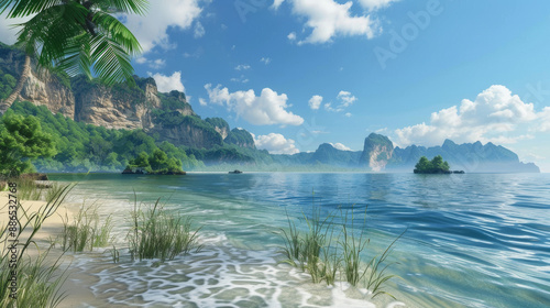 Wallpaper Mural A serene, picturesque beach scene with clear blue waters, lush greenery, and a backdrop of rocky cliffs under a bright, sunny sky. Torontodigital.ca