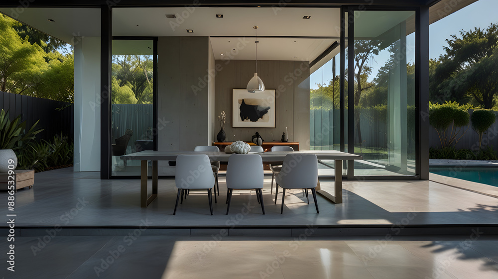 Fototapeta premium A sleek, minimalist modern house stands out against a backdrop of lush greenery. The sharp lines and neutral color palette exude a sense of contemporary elegance.