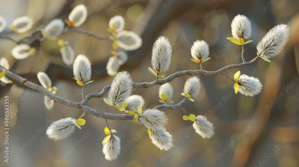 Close-up of fluffy pussy willow catkins emerging on a branch, signaling the arrival of spring in a serene natural setting. Close-up of fluffy pussy willow catkins emerging on a branch, signaling the arrival of spring in a serene natural setting.