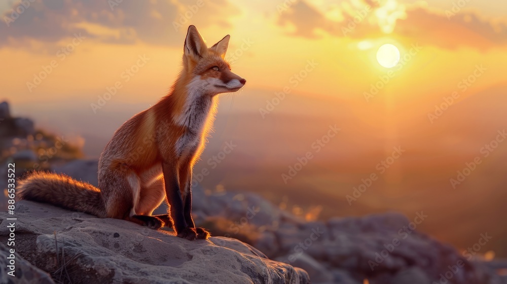 Silhouetted red fox standing on a rock at sunset, warm and vibrant colors, serene and majestic atmosphere, horizontal image, nature scene Silhouetted red fox standing on a rock at sunset, warm and vibrant colors, serene and majestic atmosphere, horizontal image, nature scene