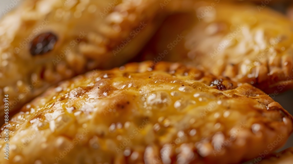 Close up of Freshly Baked Flaky and Saffron Infused Holi Gujiya Pastry Filled with Creamy Khoya and Plump Raisins Close up of Freshly Baked Flaky and Saffron Infused Holi Gujiya Pastry Filled with Creamy Khoya and Plump Raisins
