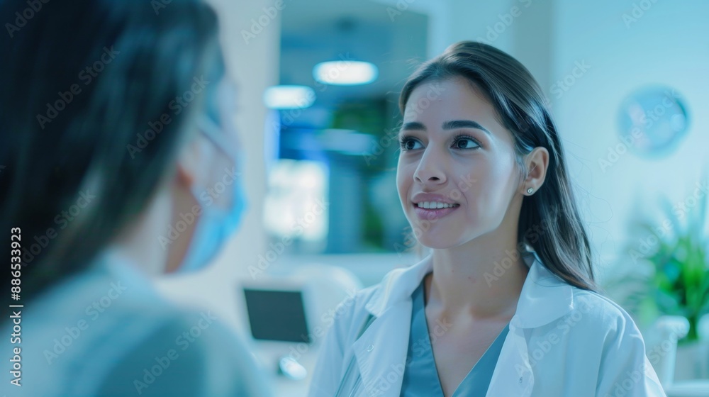 A young woman in a medical coat smiling and looking attentively at another person in a brightly lit modern medical office setting. A young woman in a medical coat smiling and looking attentively at another person in a brightly lit modern medical office setting.
