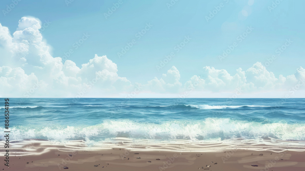 Tranquil ocean scene with gentle waves washing onto the sandy shore, a clear blue sky overhead, and fluffy white clouds in the distance. Tranquil ocean scene with gentle waves washing onto the sandy shore, a clear blue sky overhead, and fluffy white clouds in the distance.
