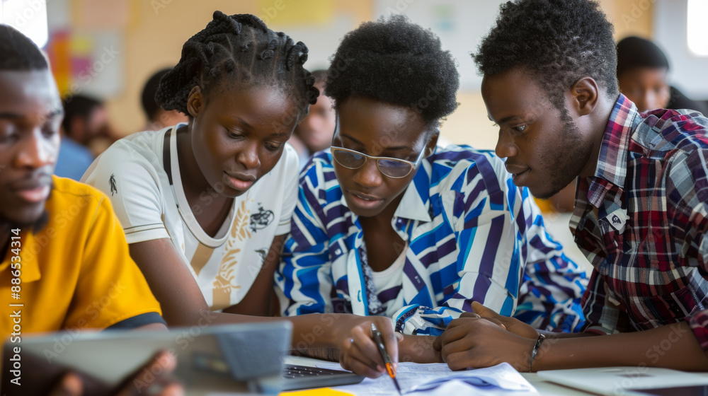 Four students engage in a focused group study session, collaborating and sharing knowledge in a vibrant classroom environment. Four students engage in a focused group study session, collaborating and sharing knowledge in a vibrant classroom environment.