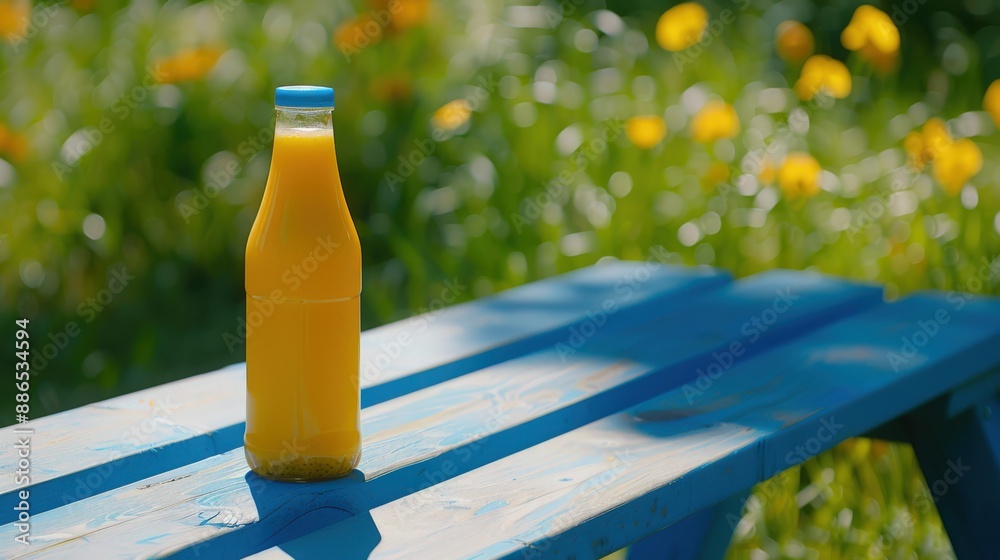 Vibrant Close-Up of Blank Juice Bottle on Picnic Table - Summer Refreshment Concept Vibrant Close-Up of Blank Juice Bottle on Picnic Table - Summer Refreshment Concept